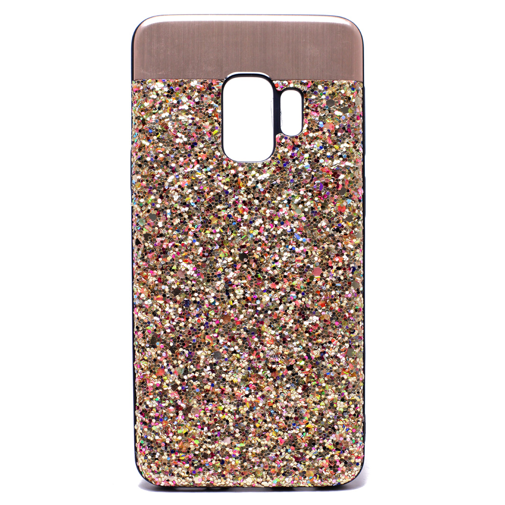 Galaxy S9+ (Plus) Sparkling Glitter Chrome Fancy Case with Metal Plate (Gold)